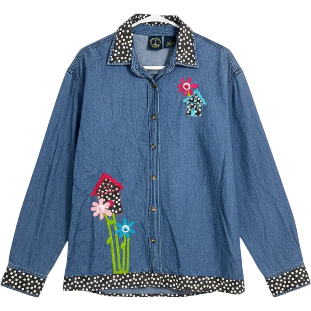 Lighthouse Apparel Denim Shirt Womens L Blue Birdhouse Floral Polka‎ Dot Vintage